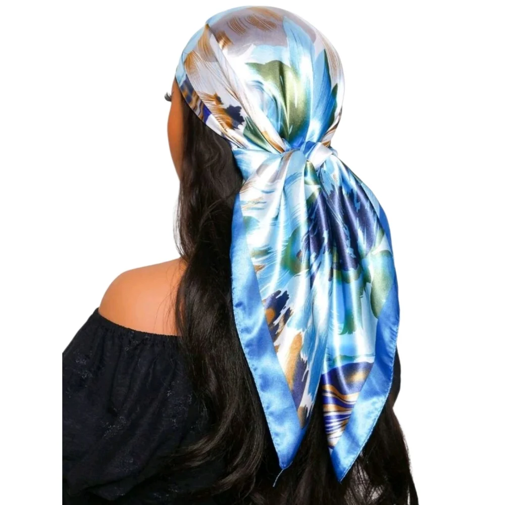 Oversized Square Blue Floral Satin Scarf Head Neck Hair boho Tropical Wrap 💖